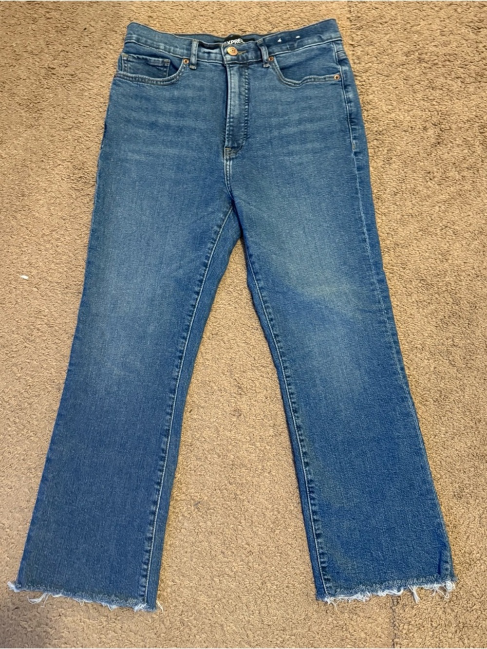 Express Cropped Flare Raw-Hem High Rise Jeans - Blue